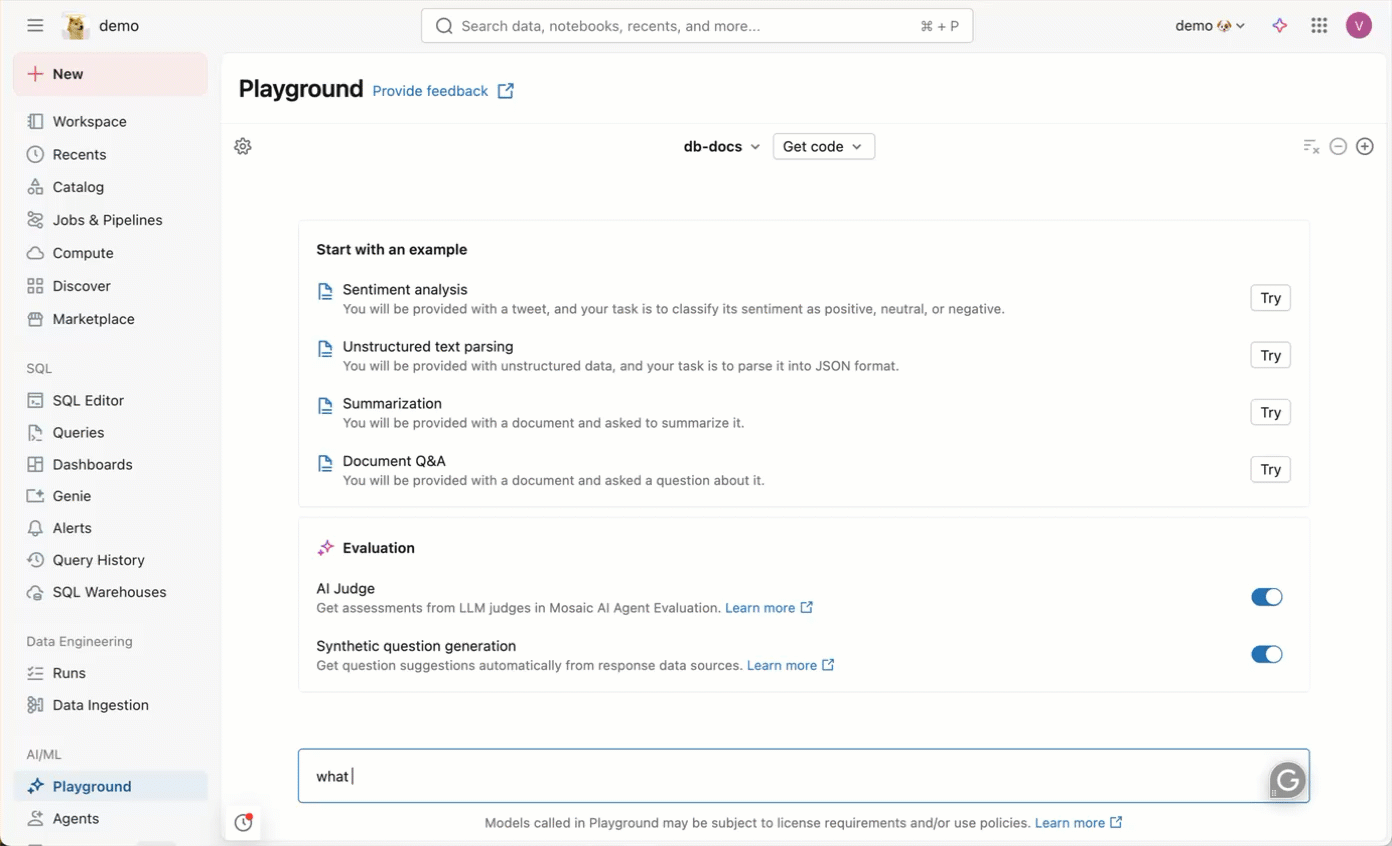 Playground のナレッジアシスタントエンドポイント。
